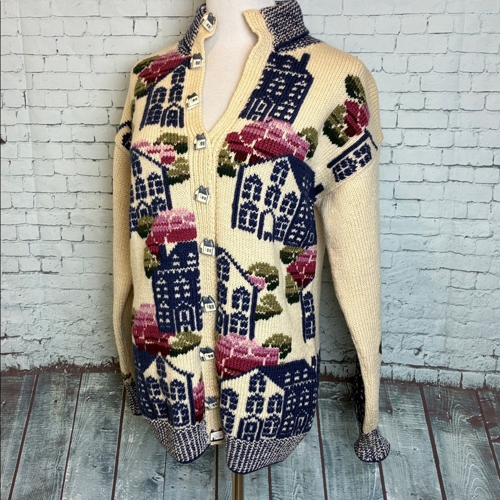 Vintage Hand Knitted South Wool 100% Virgin Wool Graphic Homestead Sweater Sz S